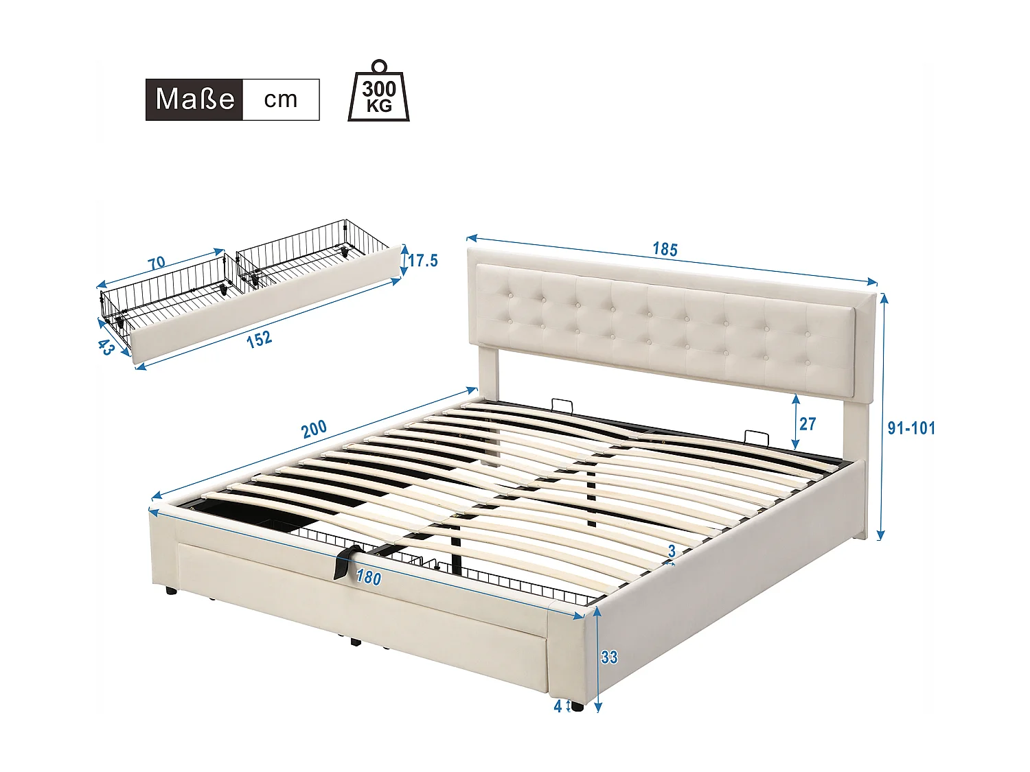 Lit coffre 180x200 cm avec sommier - 2 tiroirs et tête de lit réglable en hauteur - velours - beige (sans matelas)