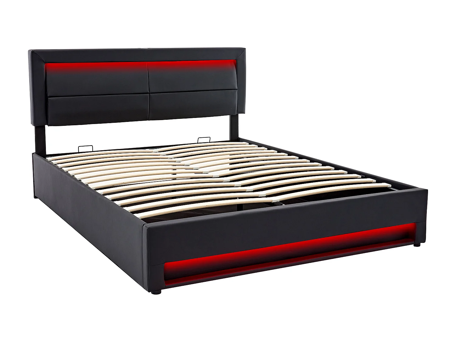 Lit coffre 160x200 cm avec sommier - tête de lit capitonnée avec LED et USB - similicuir - noir (sans matelas)