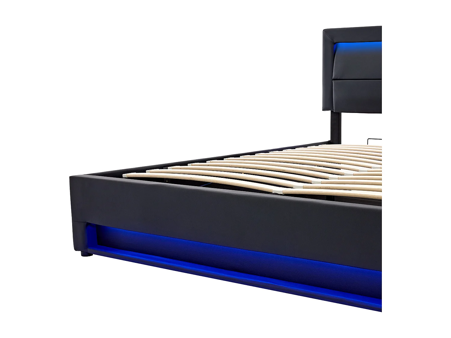 Lit coffre 160x200 cm avec sommier - tête de lit capitonnée avec LED et USB - similicuir - noir (sans matelas)