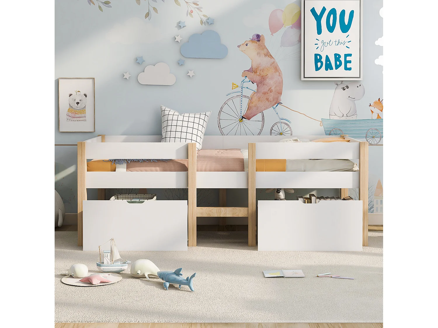 Lit enfant 90x200 cm avec tiroirs et barrières de sécurité en bois blanc (Sans matelas)