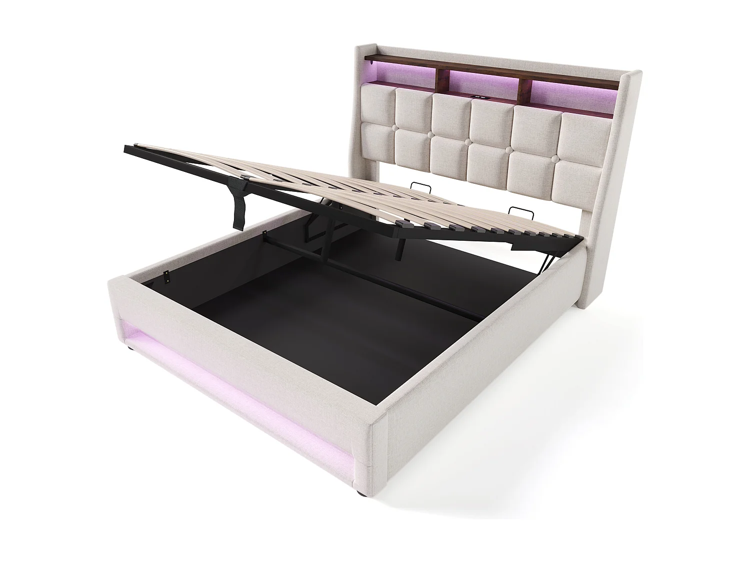 Lit coffre 160x200 cm avec avec sommier - tête de lit capitonnée avec USB et LED - tissu lin - beige (sans matelas)