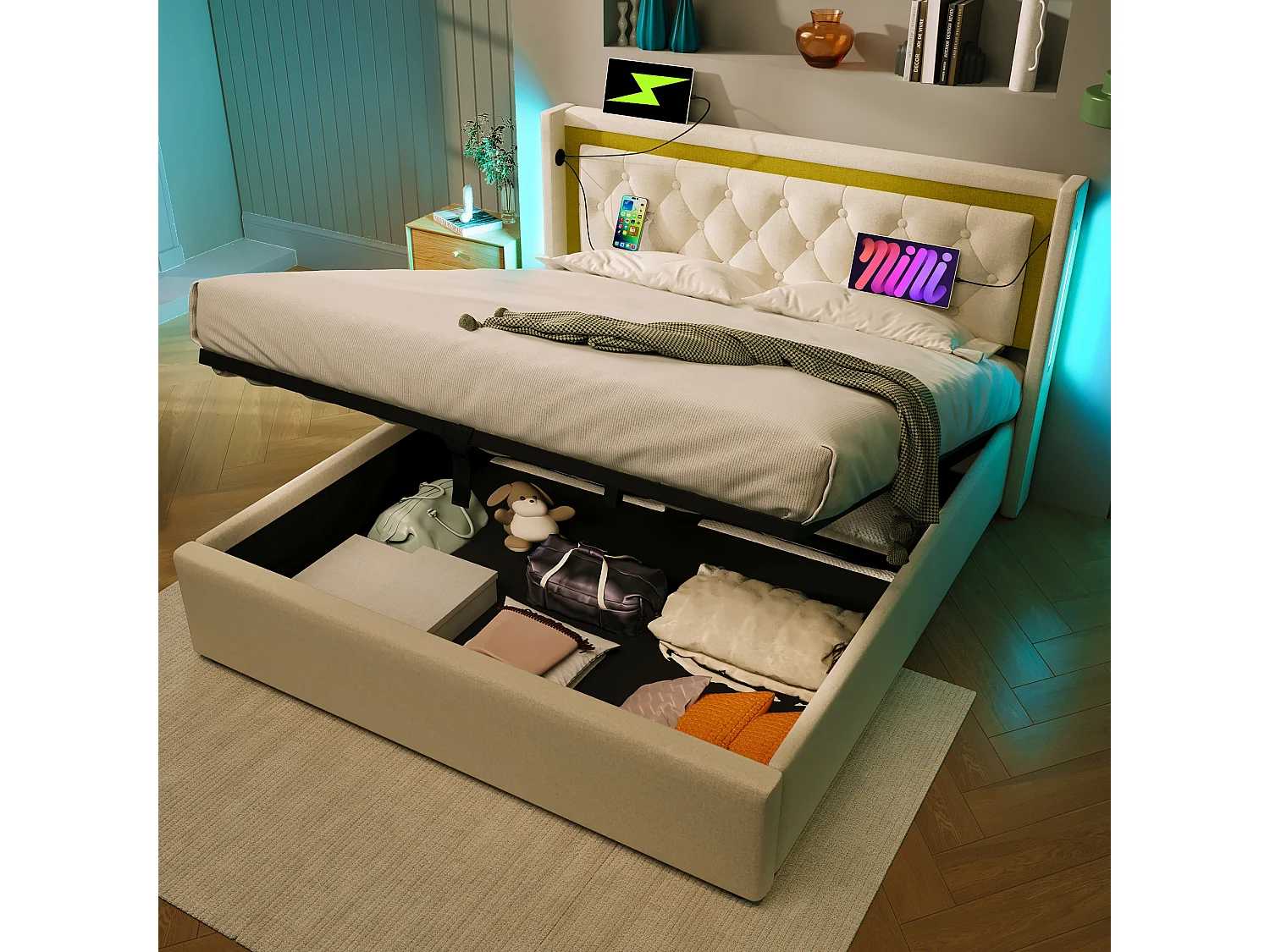Lit coffre 140x200 cm avec LED et ports USB Type C, sommier à lattes, coton beige (Sans matelas)