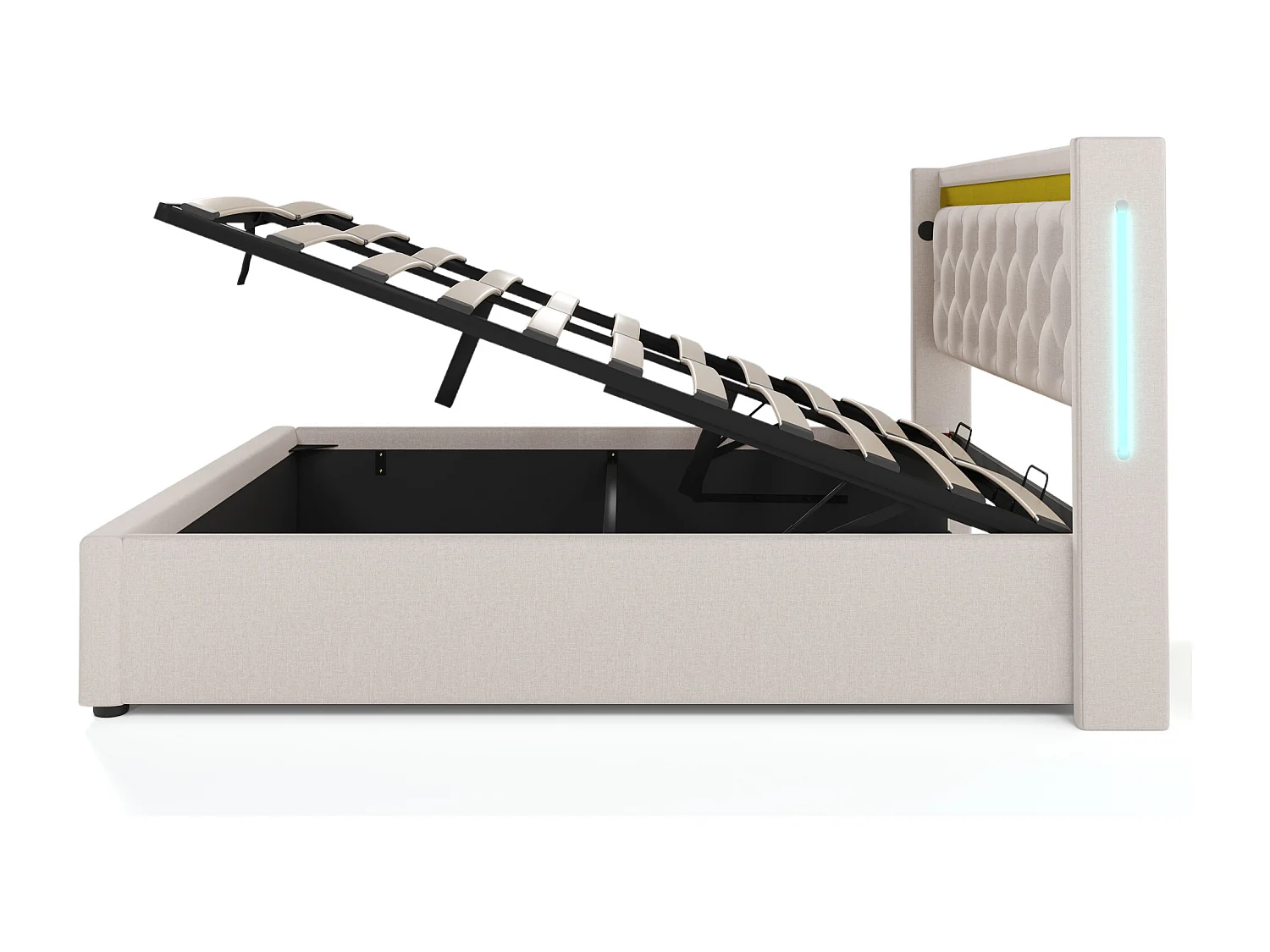 Lit coffre 140x200 cm avec LED et ports USB Type C, sommier à lattes, coton beige (Sans matelas)