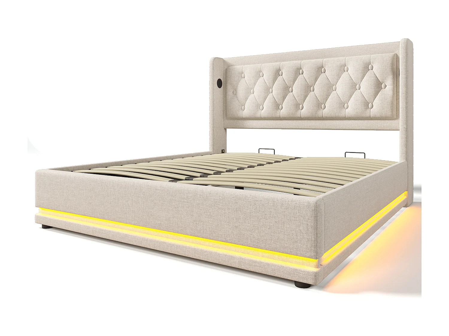 Lit coffre 140x200 cm, tête de lit capitonnée, USB et USB C, LED 3 côtés, coton beige (Sans matelas)