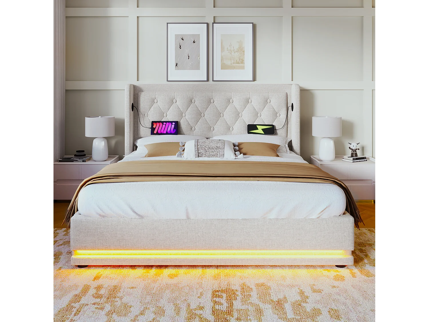 Lit coffre 140x200 cm, tête de lit capitonnée, USB et USB C, LED 3 côtés, coton beige (Sans matelas)