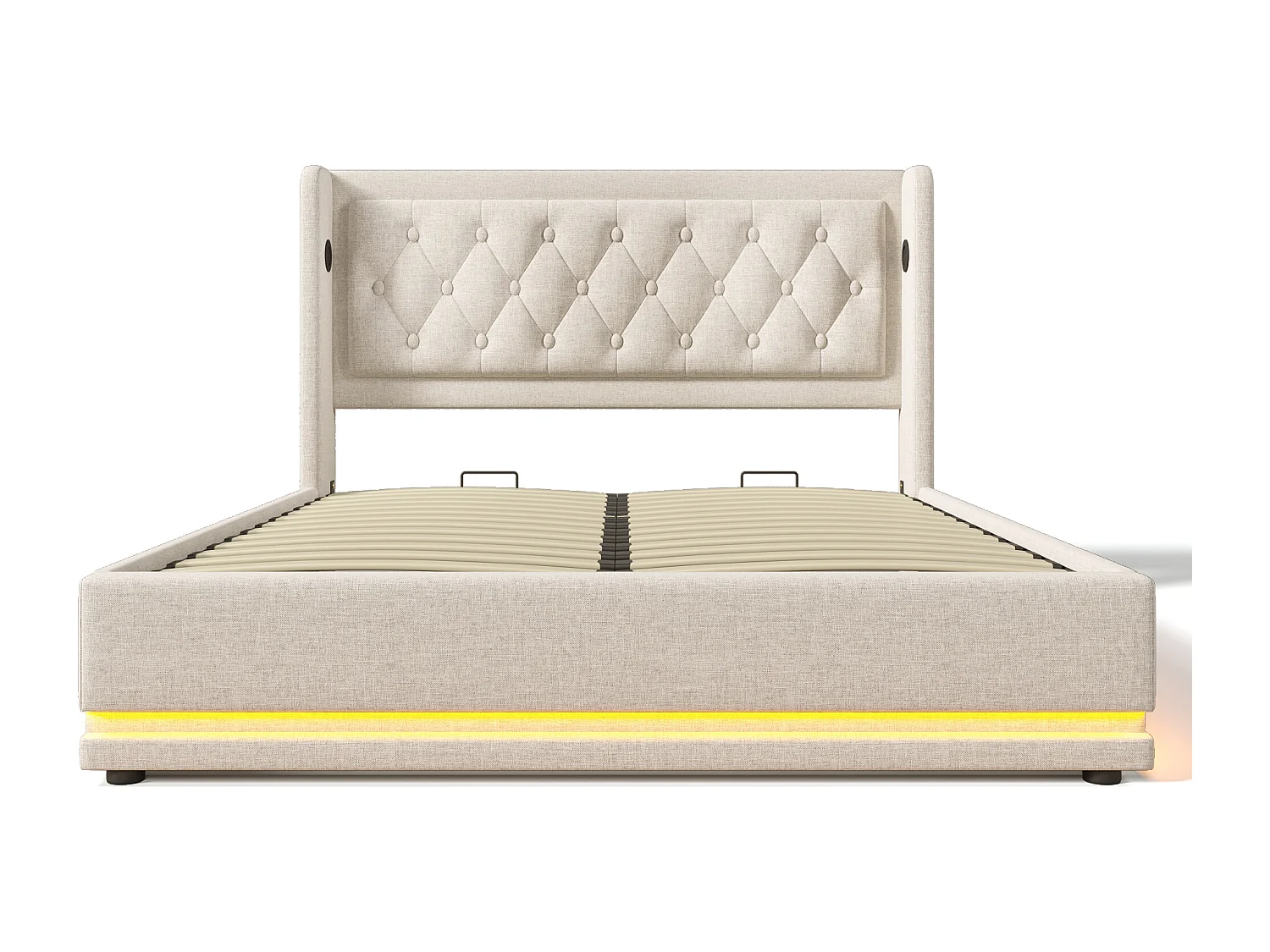 Lit coffre 140x200 cm, tête de lit capitonnée, USB et USB C, LED 3 côtés, coton beige (Sans matelas)