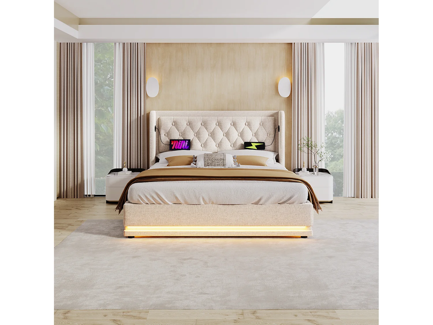 Lit coffre 140x200 cm, tête de lit capitonnée, USB et USB C, LED 3 côtés, coton beige (Sans matelas)