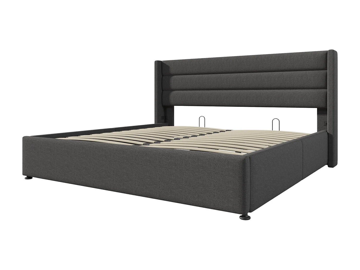 Lit coffre 140x200 cm avec base hydraulique et tête de lit capitonnée, en lin gris (Avec matelas)