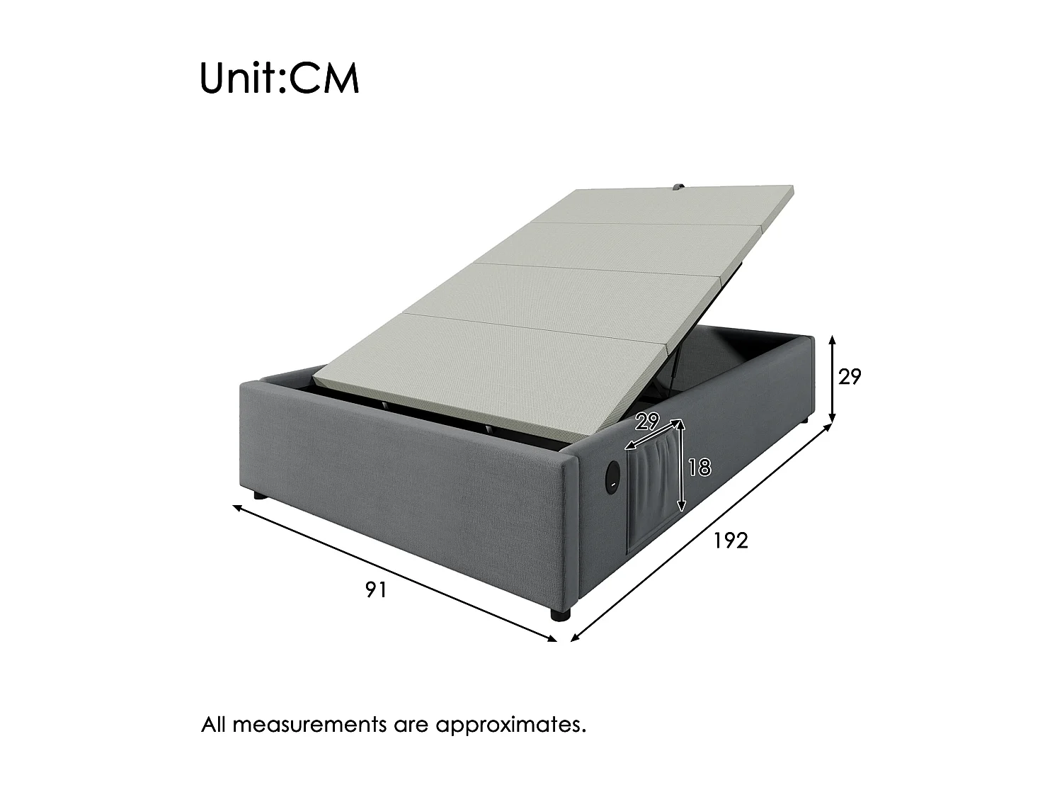 Lit coffre 90x190 cm, avec USB et Type C, avec rangement hydraulique, coton et lin, gris (Sans matelas)