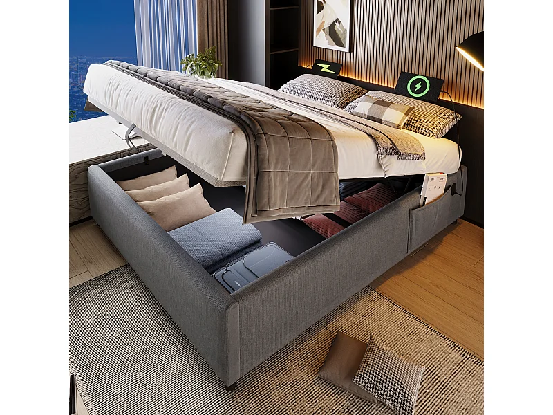 Lit coffre 160x200 cm sans tête de lit - avec USB et rangement latéral - lin coton - gris (sans matelas)