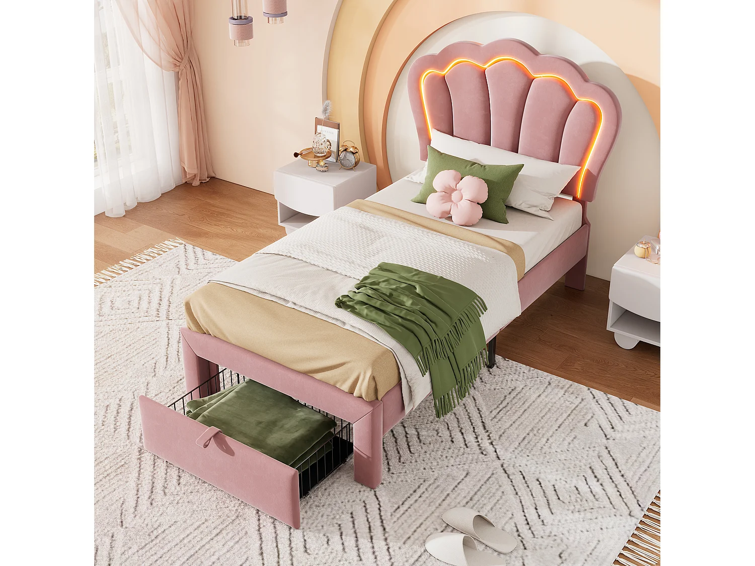 Lit enfant 90x190 cm avec tiroirs - tête de lit réglable avec LED - cadre de lit en métal - velours rose (sans matelas)