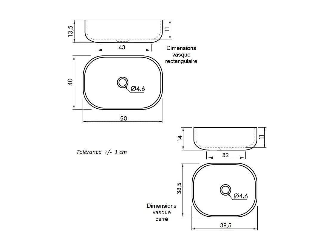 Lavabo sobre encimera rectangular en cerámica CATANIA blanco  50 x 40 cm Blanco mate