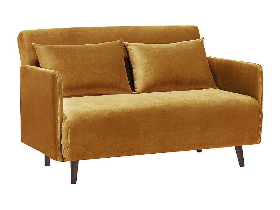 Belushi - Canapé convertible 2 places en velours pieds bois foncé - Jaune moutarde