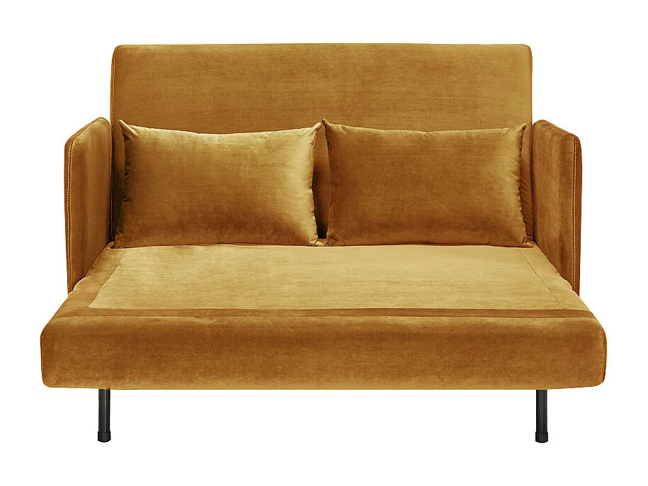 Belushi - Canapé convertible 2 places en velours pieds bois foncé - Jaune moutarde