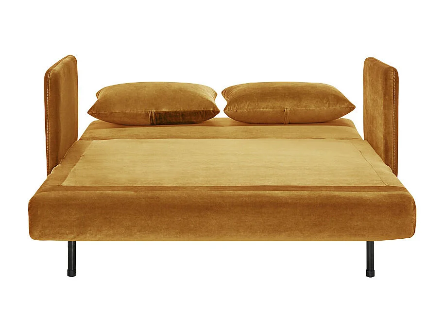 Belushi - Canapé convertible 2 places en velours pieds bois foncé - Jaune moutarde