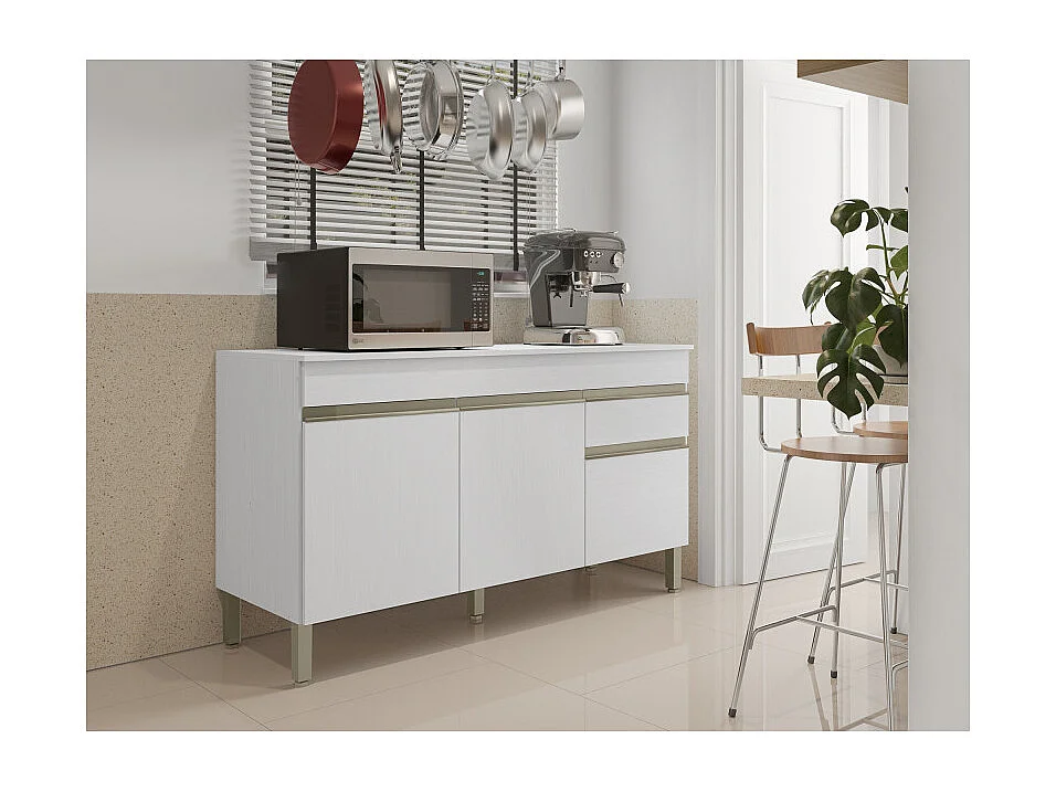 Buffet Bas 3 Portes 1 Tiroir Blanc 5 Niches L 150 H 86 P 53.3 cm
