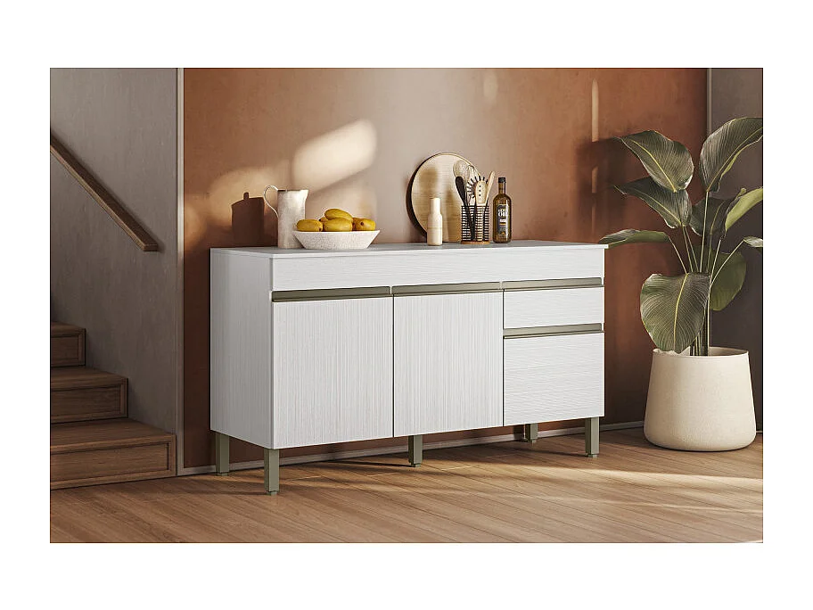 Buffet Bas 3 Portes 1 Tiroir Blanc 5 Niches L 150 H 86 P 53.3 cm