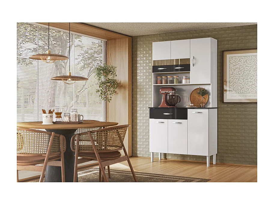 Buffet 6 Portes 1 Tiroir 7 Niches Blanc et Noir Vogue L 90.9 H 176 P 36.3 cm