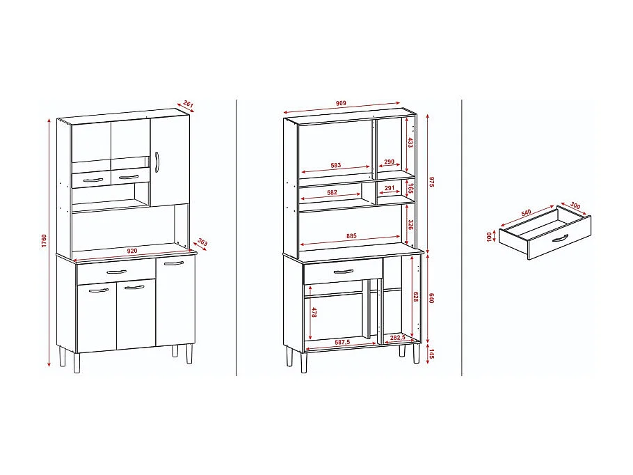 Buffet 6 Portes 1 Tiroir 7 Niches Blanc et Noir Vogue L 90.9 H 176 P 36.3 cm