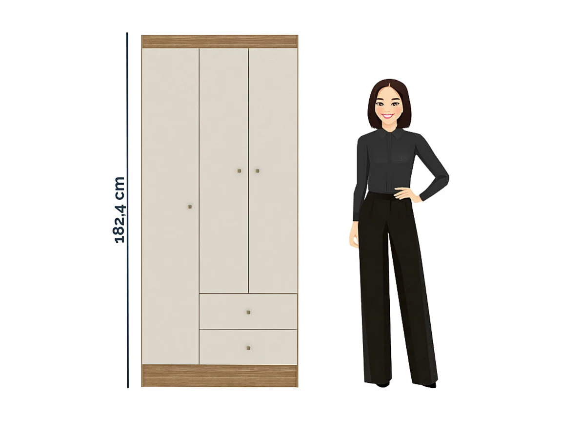 Armoire Penderie 3 Portes 2 Tiroirs 5 Niches Chêne Blanc Ecru L 81.2 H 182.4 P 46.3 cm