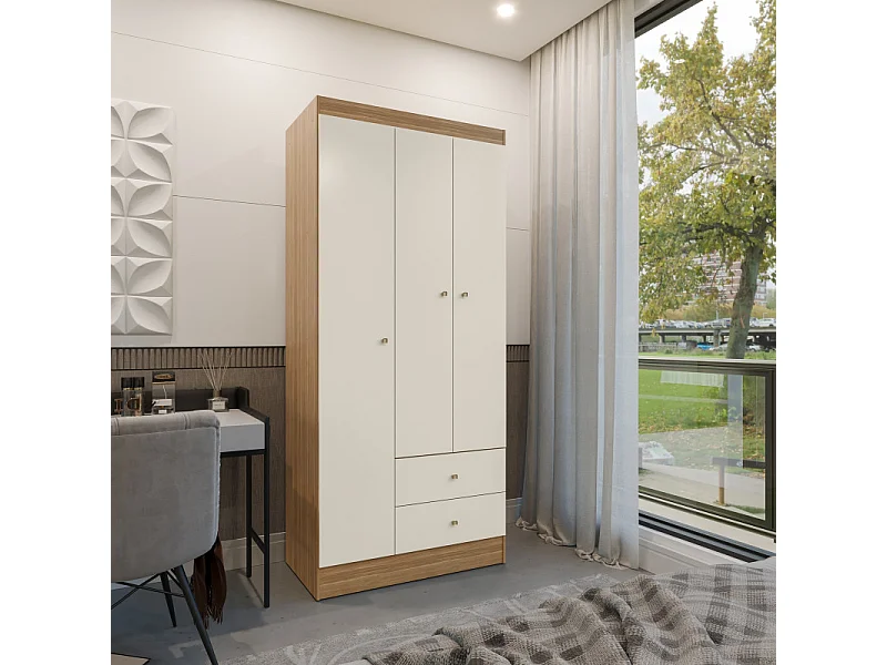 Armoire Penderie 3 Portes 2 Tiroirs 5 Niches Chêne Blanc Ecru L 81.2 H 182.4 P 46.3 cm