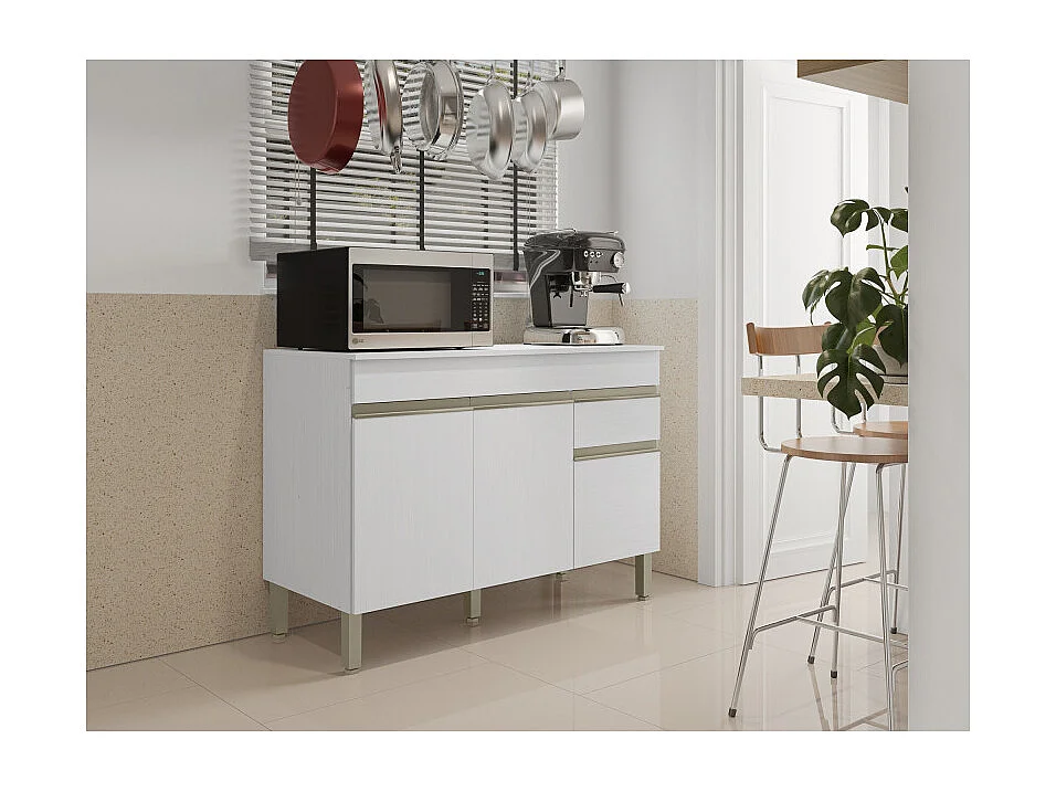 Buffet Bas 3 Portes 1 Tiroir Blanc 5 Niches L 120 H 86 P 53.3 cm