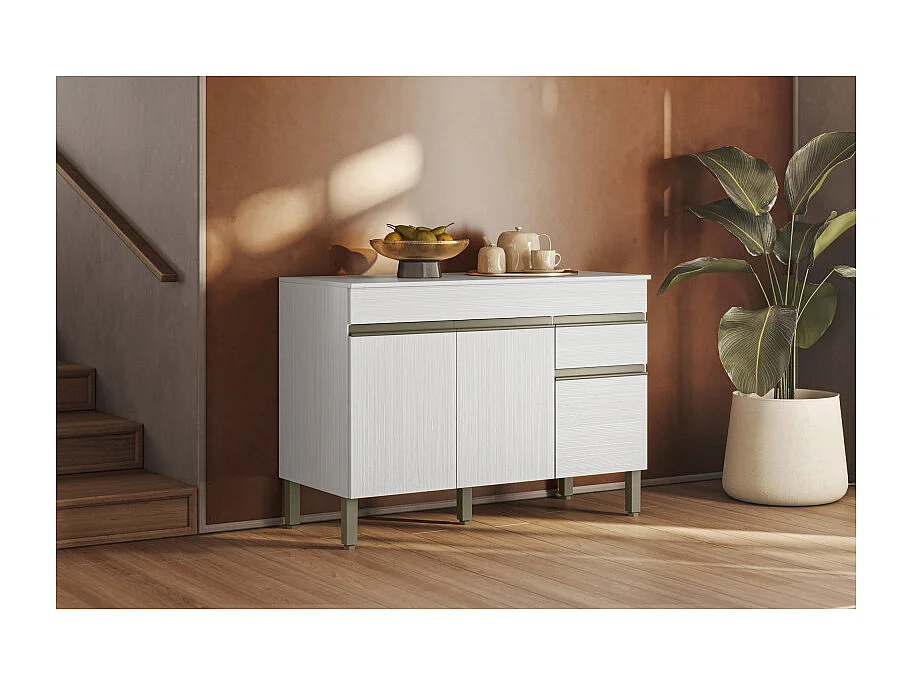 Buffet Bas 3 Portes 1 Tiroir Blanc 5 Niches L 120 H 86 P 53.3 cm