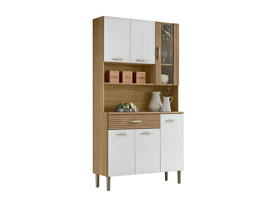 Buffet 6 Portes 1 Tiroir 7 Niches Chêne et Blanc Ecru L 90 H 173.5 P 36.3 cm