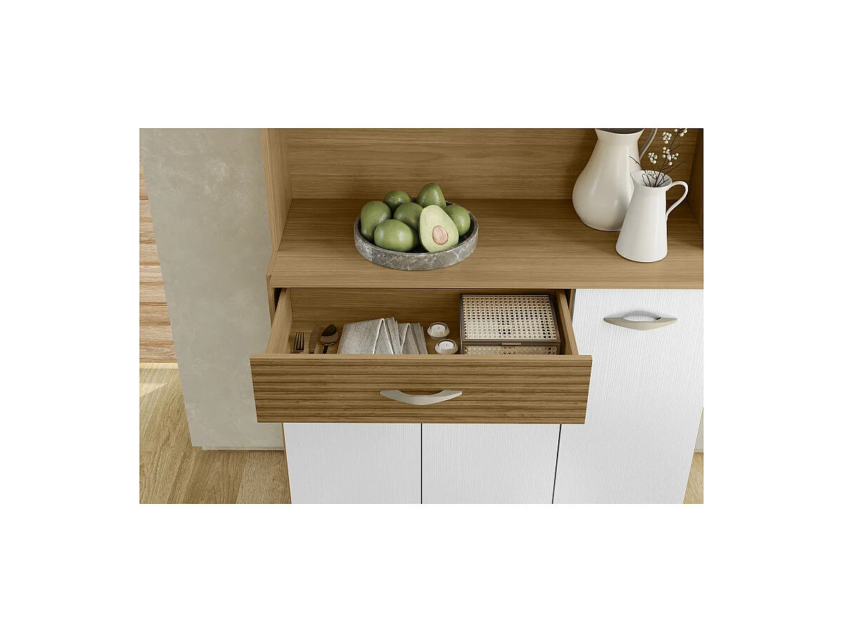 Buffet 6 Portes 1 Tiroir 7 Niches Chêne et Blanc Ecru L 90 H 173.5 P 36.3 cm