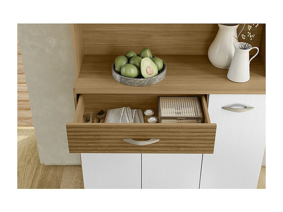 Buffet 6 Portes 1 Tiroir 7 Niches Chêne et Blanc Ecru L 90 H 173.5 P 36.3 cm
