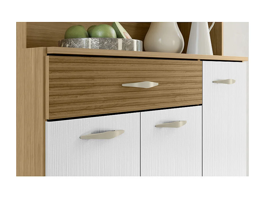 Buffet 6 Portes 1 Tiroir 7 Niches Chêne et Blanc Ecru L 90 H 173.5 P 36.3 cm