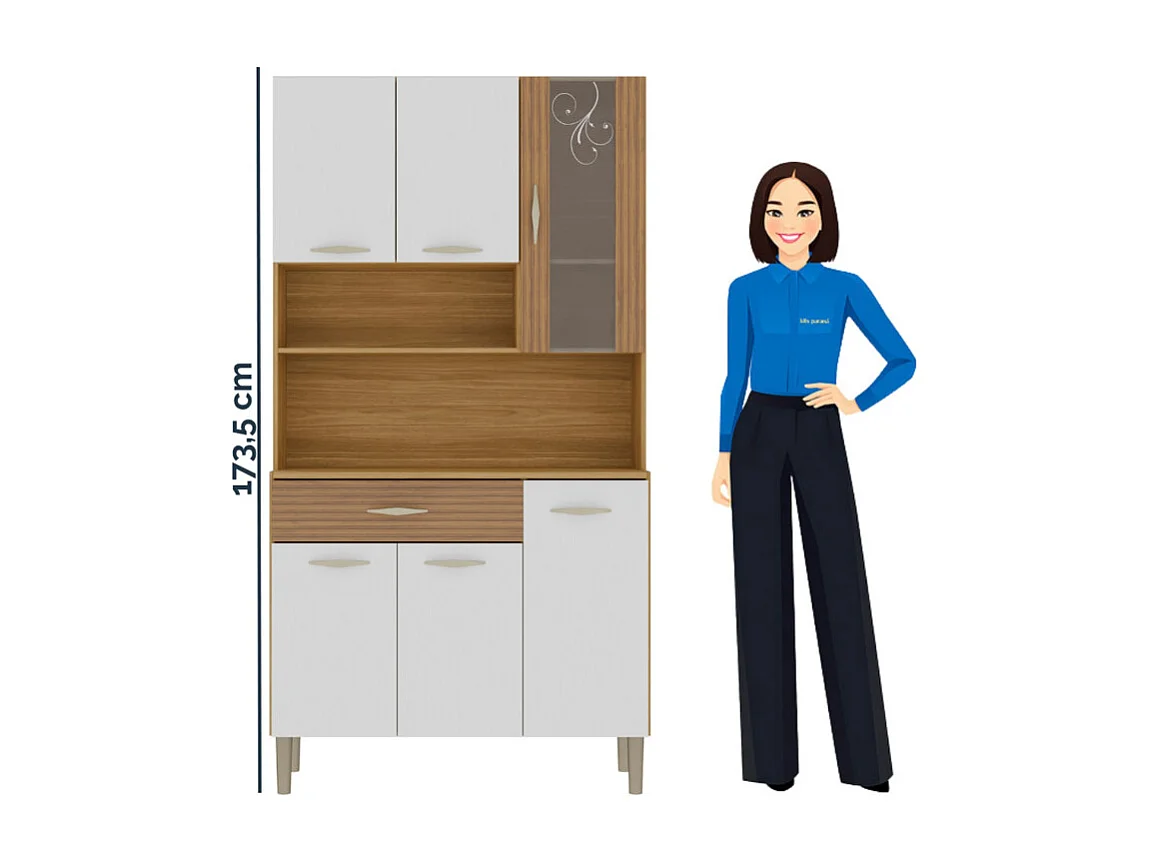 Buffet 6 Portes 1 Tiroir 7 Niches Chêne et Blanc Ecru L 90 H 173.5 P 36.3 cm