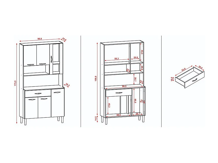 Buffet 6 Portes 1 Tiroir 7 Niches Chêne et Blanc Ecru L 90 H 173.5 P 36.3 cm