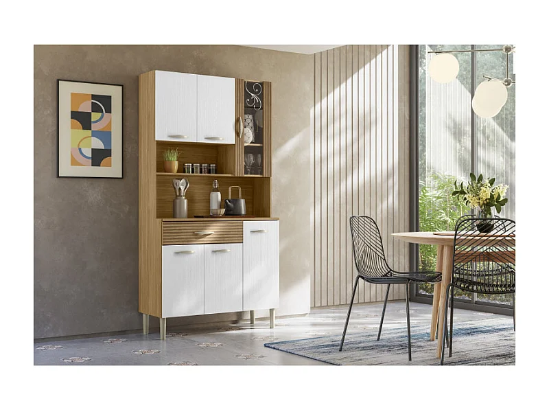 Buffet 6 Portes 1 Tiroir 7 Niches Chêne et Blanc Ecru L 90 H 173.5 P 36.3 cm