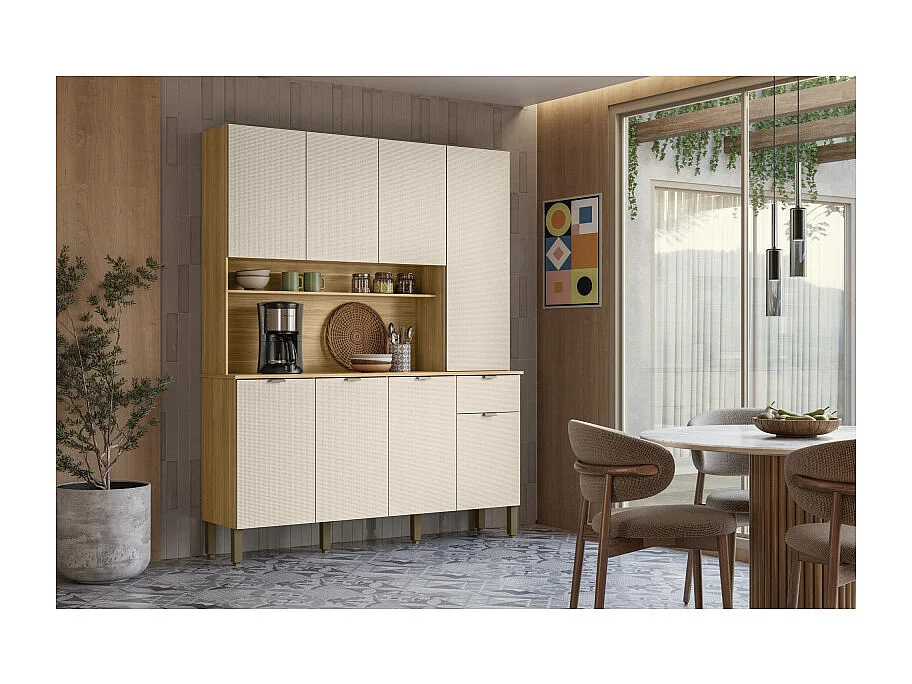 Buffet 8 Portes 1 Tiroir 18 Niches Chêne et Blanc Ecru Gaufré L 161 H 200 P 38.8 cm