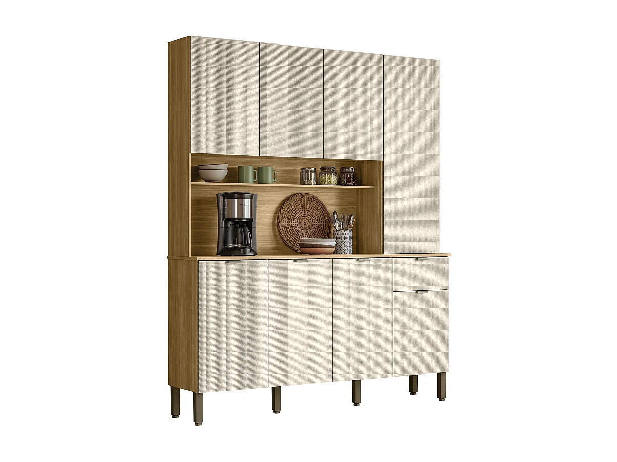 Buffet 8 Portes 1 Tiroir 18 Niches Chêne et Blanc Ecru Gaufré L 161 H 200 P 38.8 cm