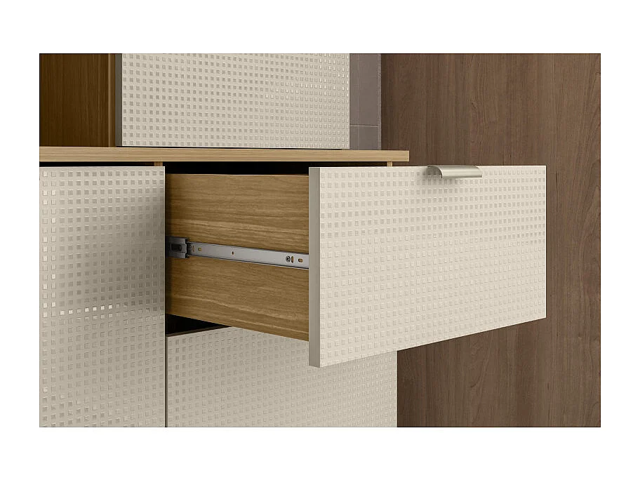 Buffet 8 Portes 1 Tiroir 18 Niches Chêne et Blanc Ecru Gaufré L 161 H 200 P 38.8 cm