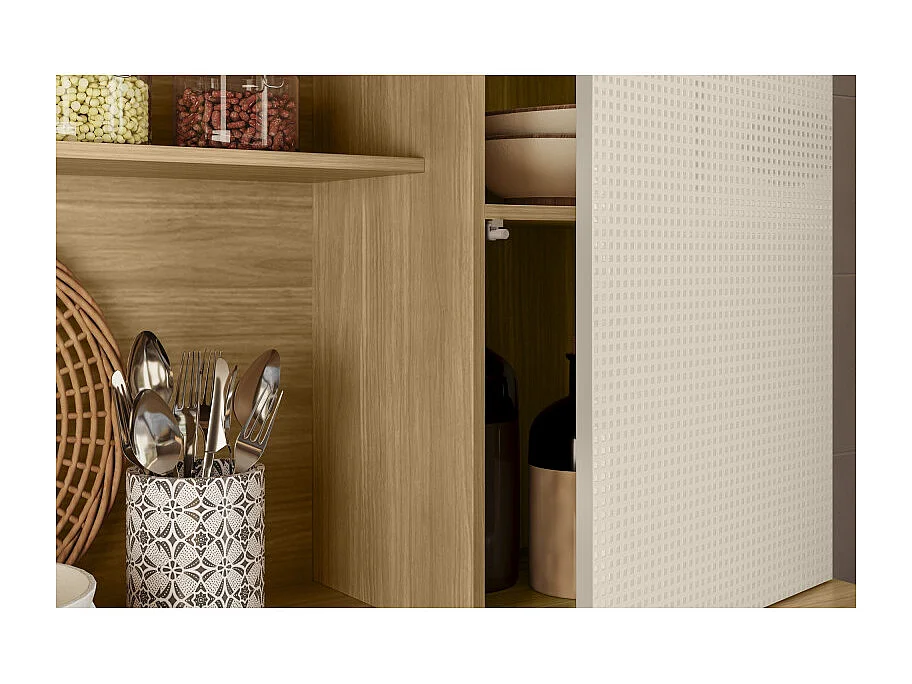 Buffet 8 Portes 1 Tiroir 18 Niches Chêne et Blanc Ecru Gaufré L 161 H 200 P 38.8 cm