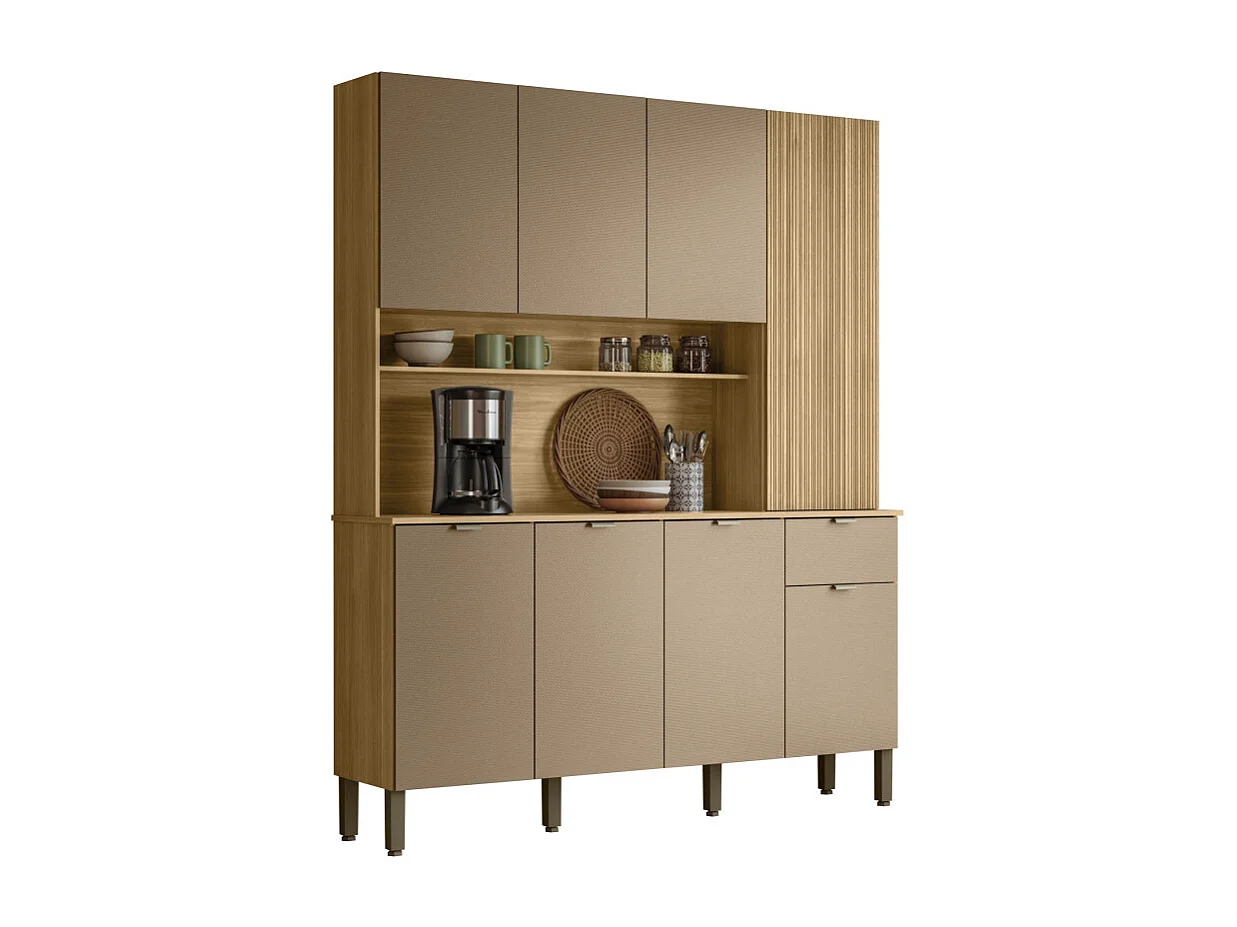 Buffet 8 Portes 1 Tiroir 18 Niches Chêne et Gris Taupe L 161 H 200 P 38.8 cm