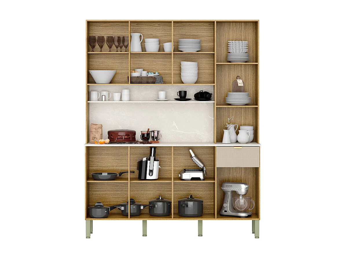 Buffet 8 Portes 1 Tiroir 18 Niches Chêne et Gris Taupe L 161 H 200 P 38.8 cm