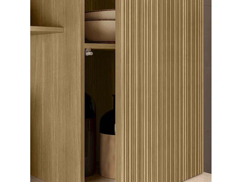 Buffet 8 Portes 1 Tiroir 18 Niches Chêne et Gris Taupe L 161 H 200 P 38.8 cm