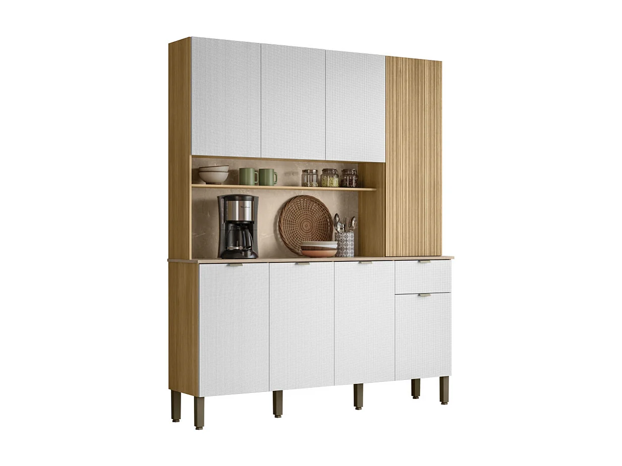 Buffet 8 Portes 1 Tiroir 18 Niches Chêne et Blanc Gaufré L 161 H 200 P 38.8 cm