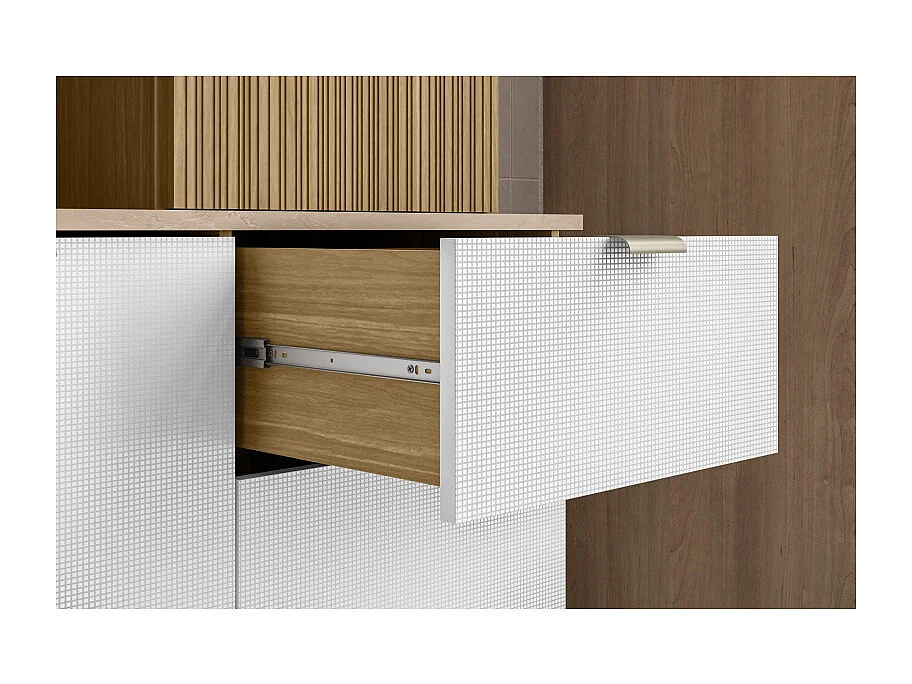 Buffet 8 Portes 1 Tiroir 18 Niches Chêne et Blanc Gaufré L 161 H 200 P 38.8 cm