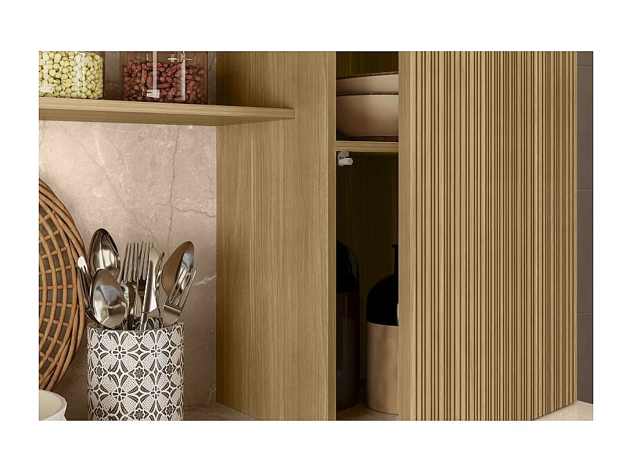 Buffet 8 Portes 1 Tiroir 18 Niches Chêne et Blanc Gaufré L 161 H 200 P 38.8 cm