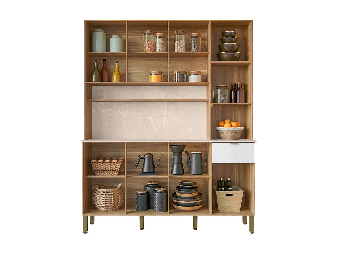 Buffet 8 Portes 1 Tiroir 18 Niches Chêne et Blanc Gaufré L 161 H 200 P 38.8 cm