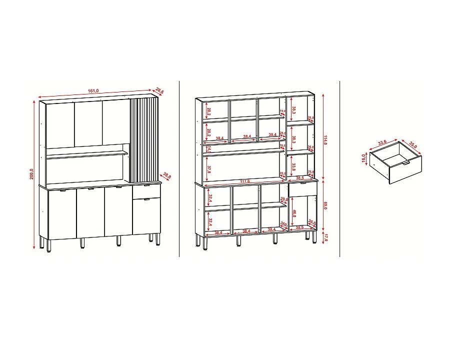 Buffet 8 Portes 1 Tiroir 18 Niches Chêne et Blanc Gaufré L 161 H 200 P 38.8 cm