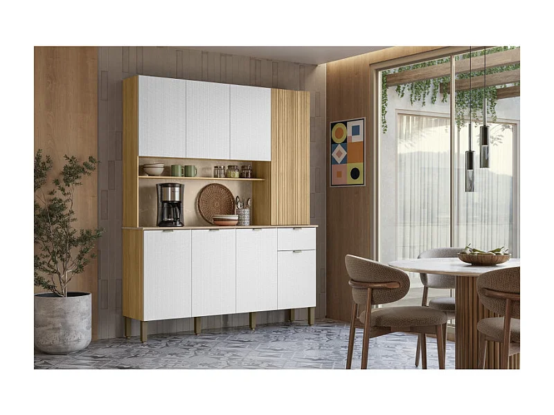 Buffet 8 Portes 1 Tiroir 18 Niches Chêne et Blanc Gaufré L 161 H 200 P 38.8 cm