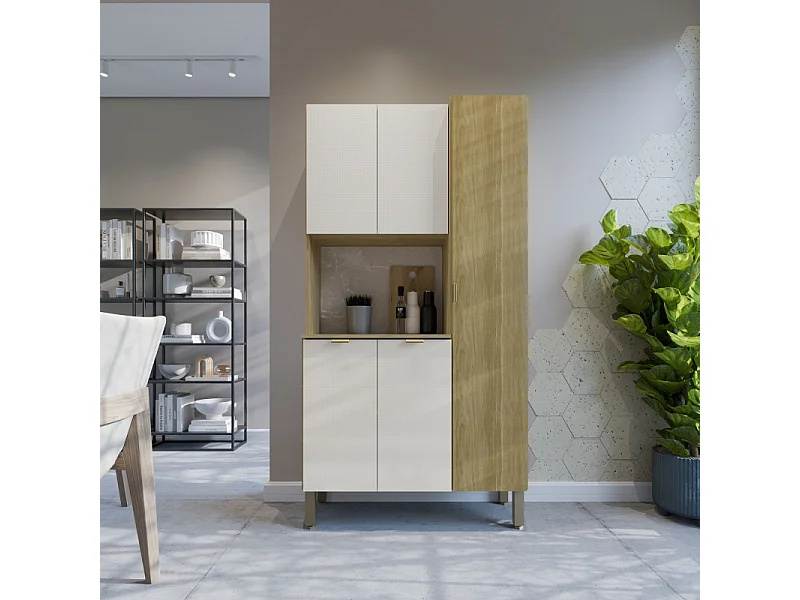 Buffet 5 Portes 9 Niches Chêne et Blanc Ecru MELISSA L 91.5 H 176 P 36.3 cm