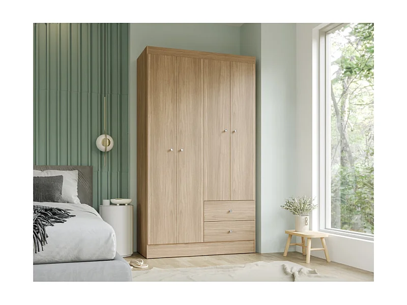 Armoire Penderie 4 Portes 2 Tiroirs 5 Niches Chêne L 102.4 H 182.4 P 46.3 cm