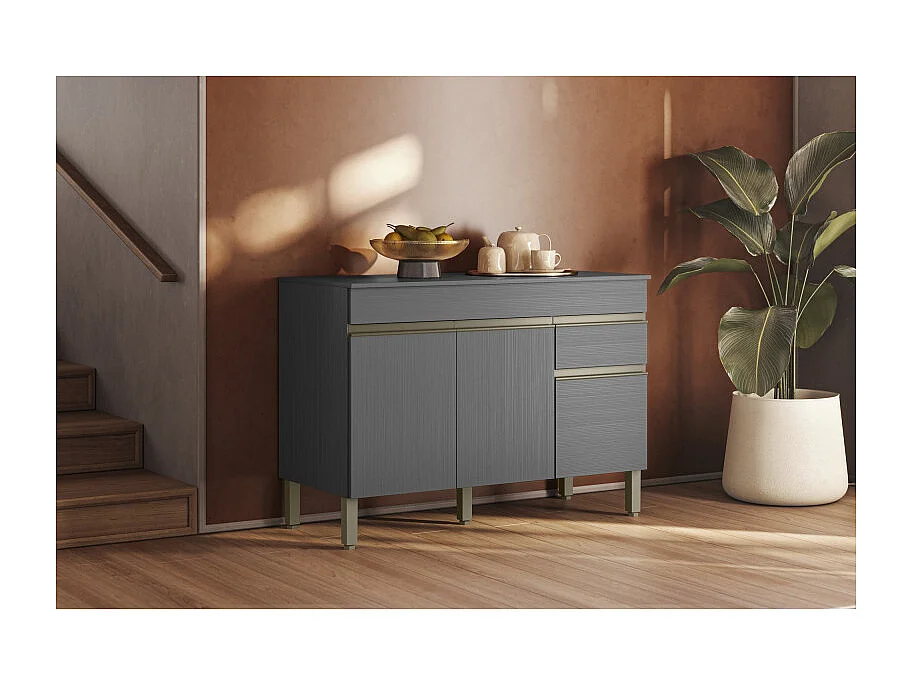 Buffet Bas 3 Portes 1 Tiroir Gris 5 Niches L 120 H 86 P 53.3 cm